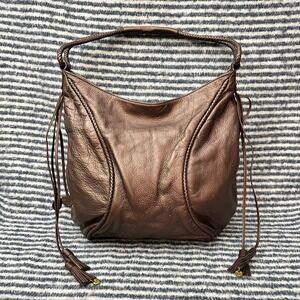 LOVCAT‎ Brown Metallic Leather Zip Hobo Shoulder Bag Fringed Sides